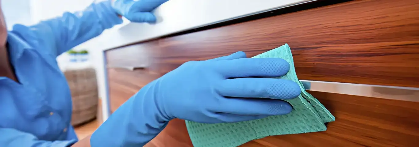 Cleaner wearing blue gloves wiping a wooden cabinet drawer with a microfiber cloth for dust and grime removal, Tempe, AZ.