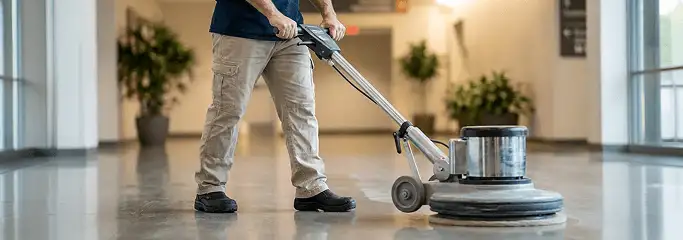 Professional technician using an industrial floor buffer to polish and maintain shiny commercial flooring in a corporate hallway in Tempe, AZ.
