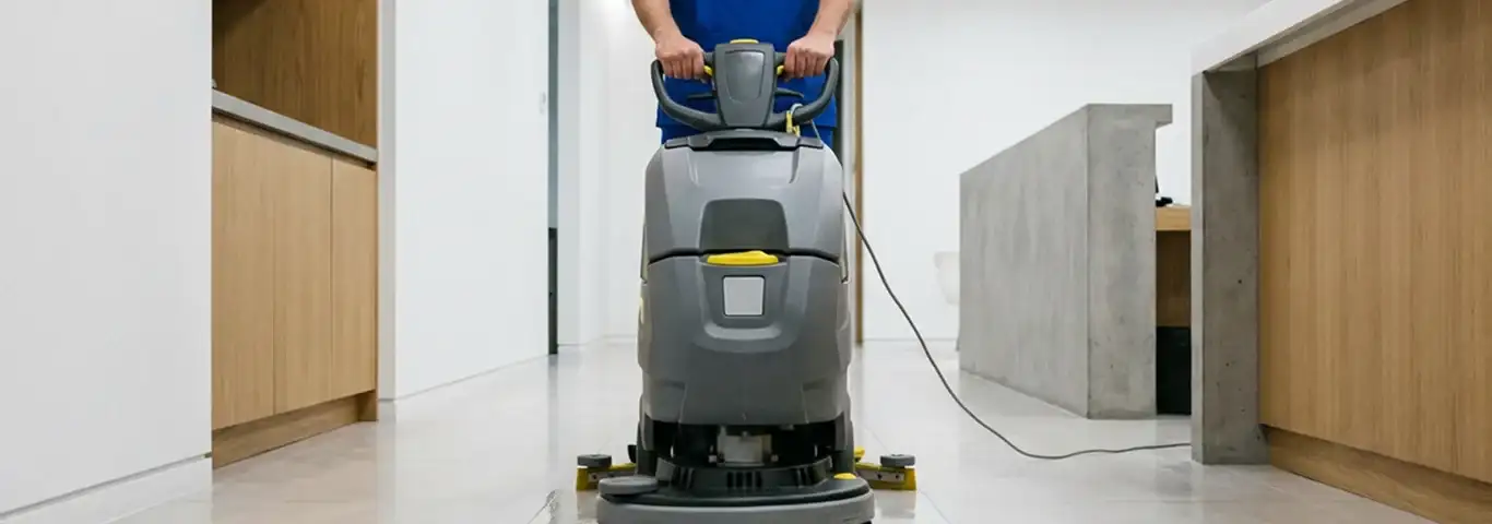 Janitorial staff using a floor scrubber machine to clean a commercial hallway, Tempe, AZ.