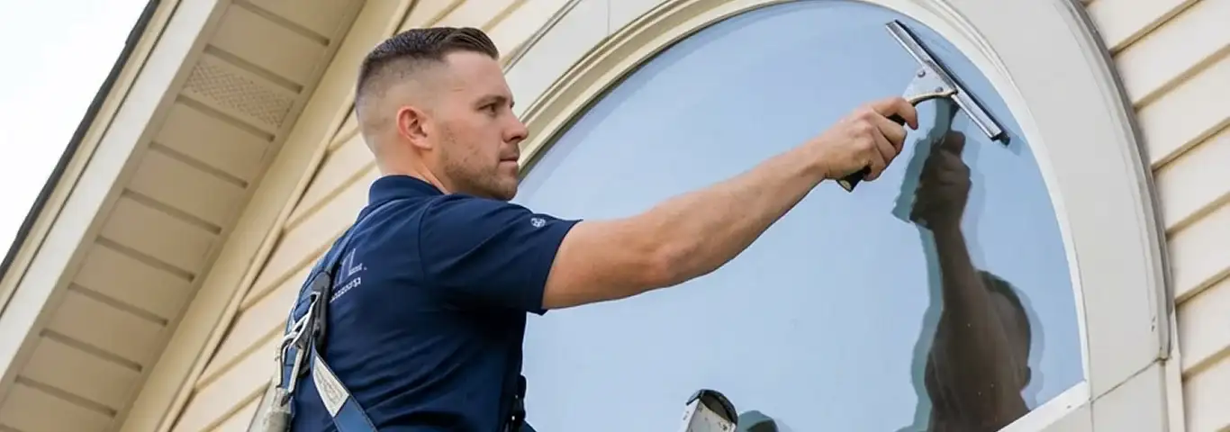 Professional window cleaner using a squeegee to clean an exterior arched window on a home, Tempe, AZ.