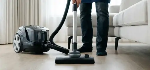 Professional house cleaner vacuuming a living room floor with a canister vacuum cleaner, Tempe, AZ.