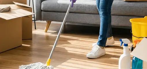 Move-out cleaning setup with a cleaner mopping hardwood floors near moving boxes and cleaning supplies, Tempe, AZ.