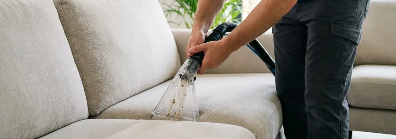 Technician extracting dirt and moisture from a fabric sofa with an upholstery cleaning wand, Tempe, AZ.