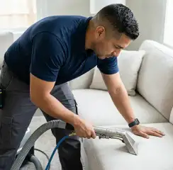 Professional upholstery cleaning technician using an extraction wand to deep-clean a fabric sofa, Tempe, AZ.