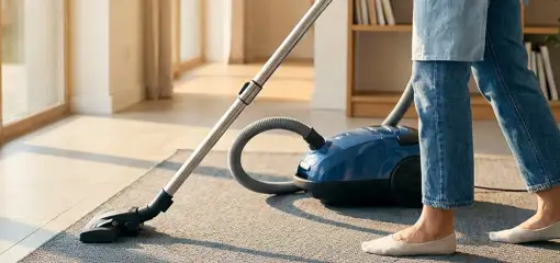 Person vacuuming a living room rug with a canister vacuum cleaner near large windows, Tempe, AZ.